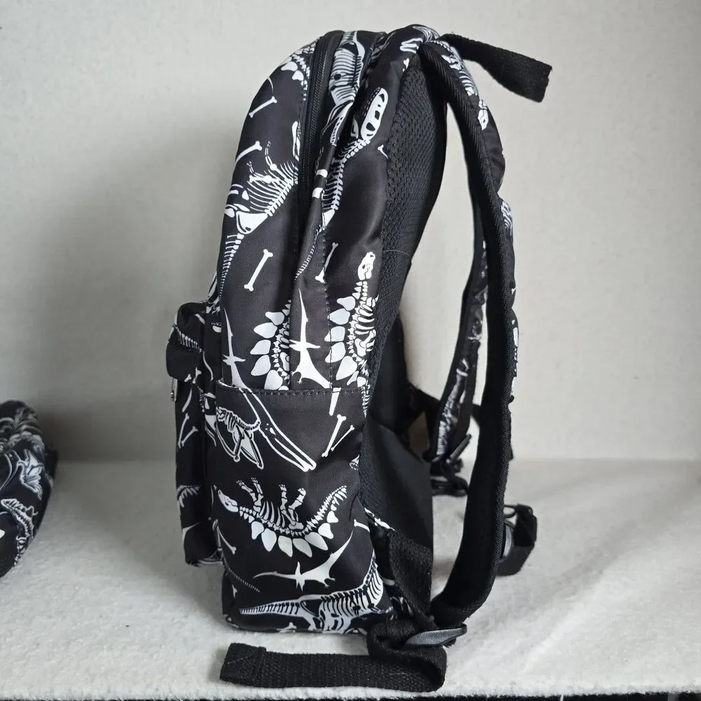 Black Backpack White T-Rex Dinosaur Skeleton Pattern And Matching Lunchbox